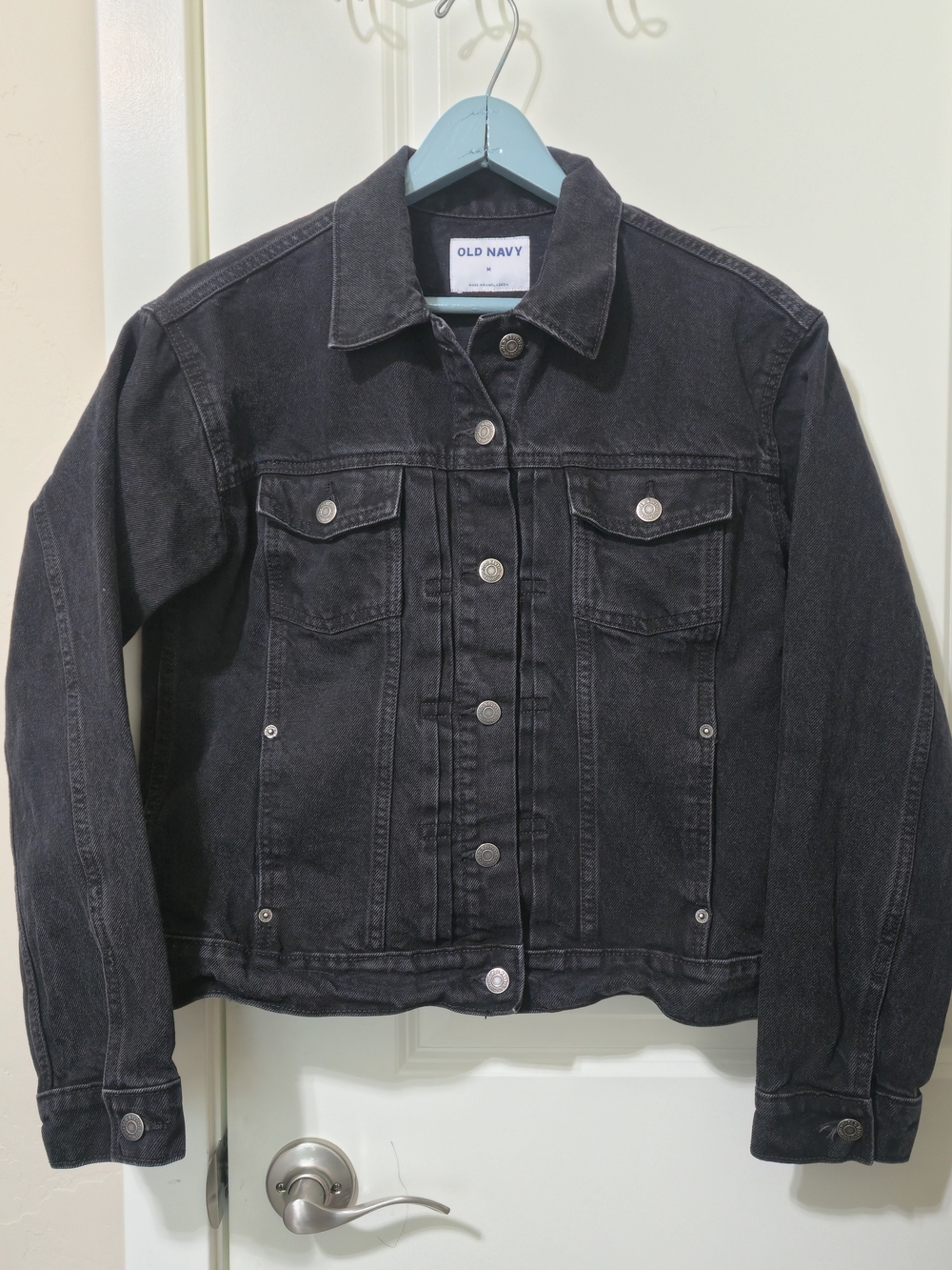 Old Navy Distressed Black Denim Trucker Jean Jacket Relax Fit Med Classic Grunge